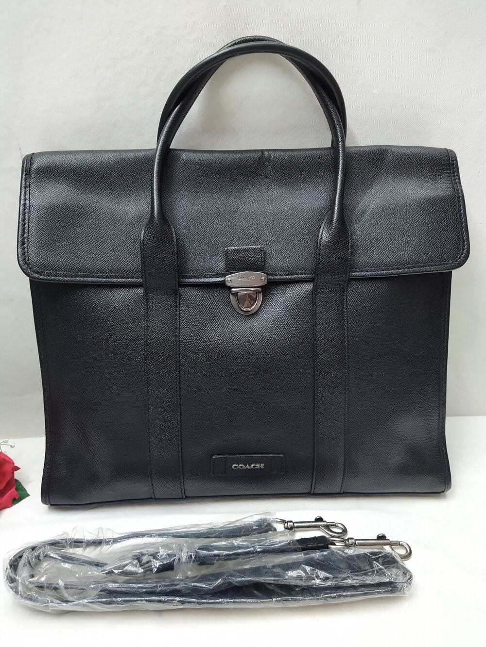 Coach Black Leather Double Handles Pushlock Briefcase Messenger Bag